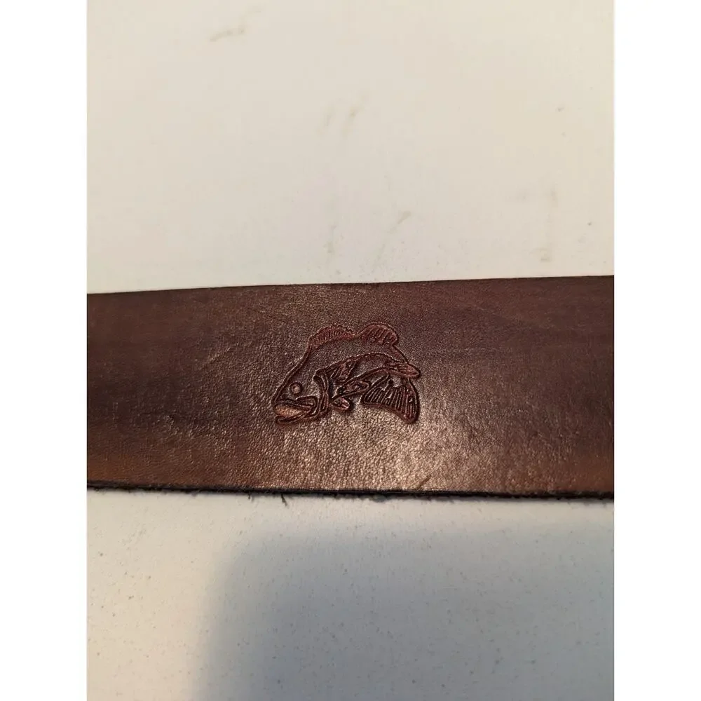 Men's Brown Leather Belt 36 Solid Brass Buckle Fish Embossed